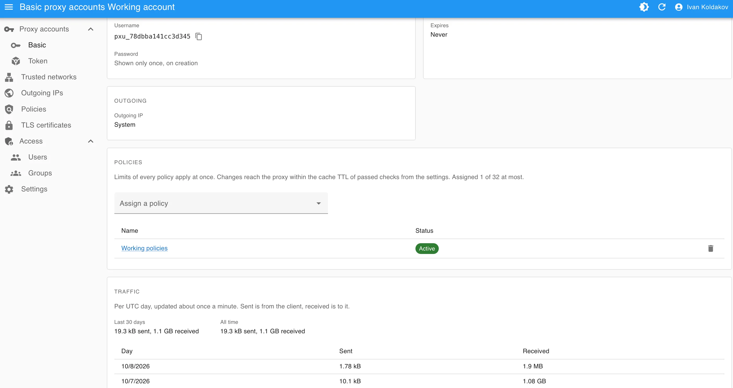 Proxy account page
